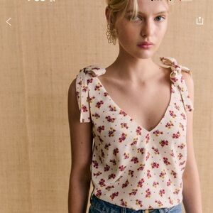 Sezane Floral Tie-Shoulder Blouse in Cream and Pink